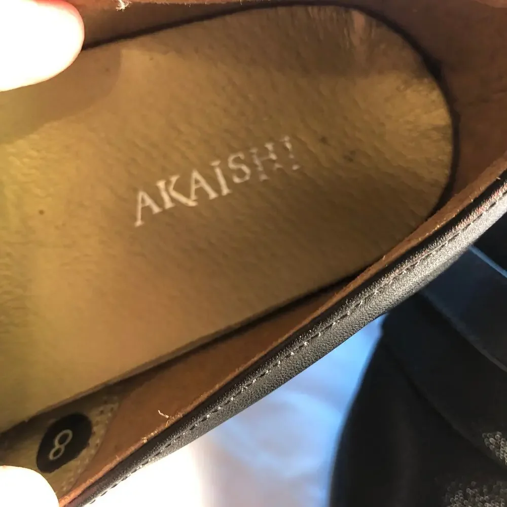 Akaishi Black Leather Fabric Comfort Loafers Stretch Arch Support Shoes Size 8